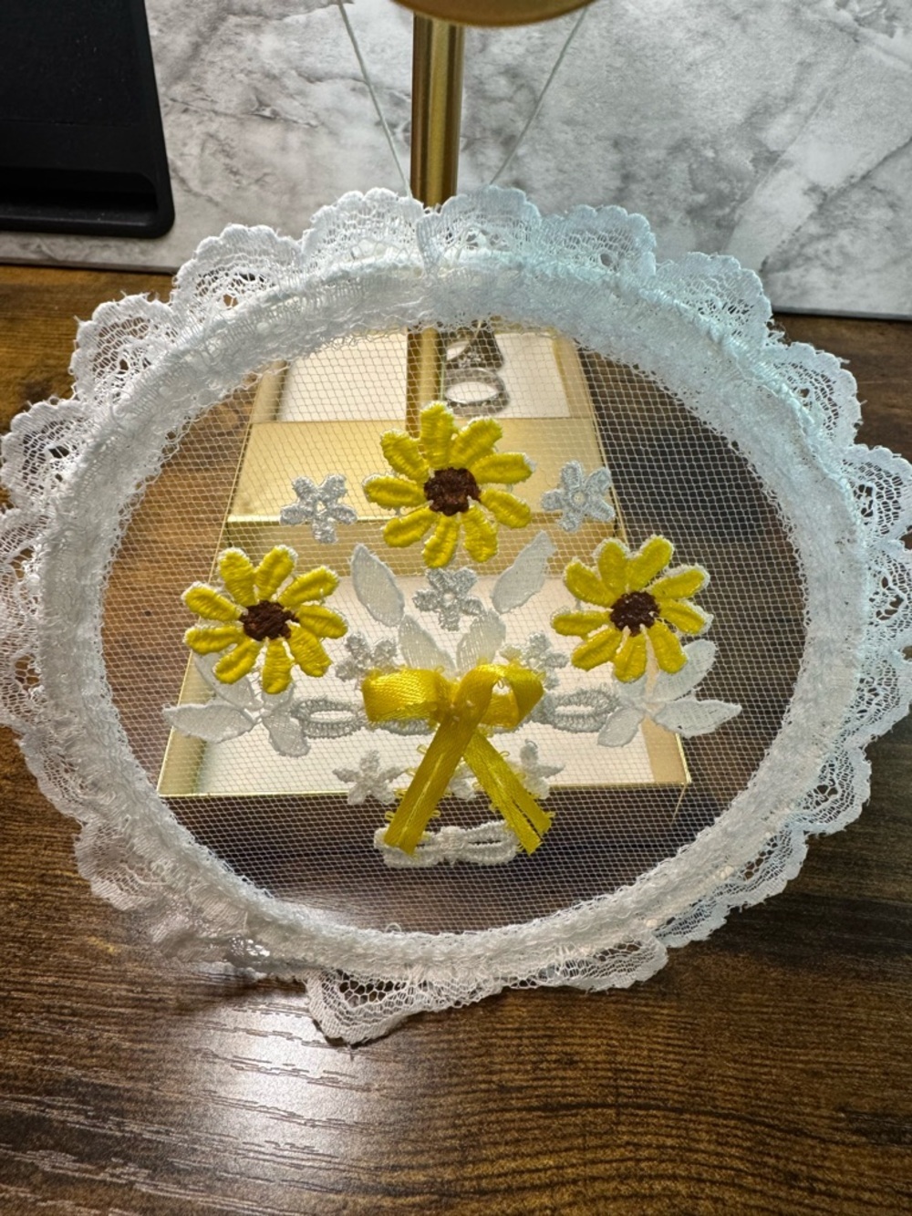 Vintage Lace Hoop Wall Hanging Yellow Daisy Floral Decor